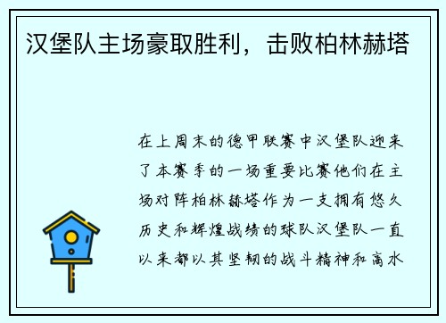 汉堡队主场豪取胜利，击败柏林赫塔