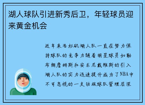 湖人球队引进新秀后卫，年轻球员迎来黄金机会