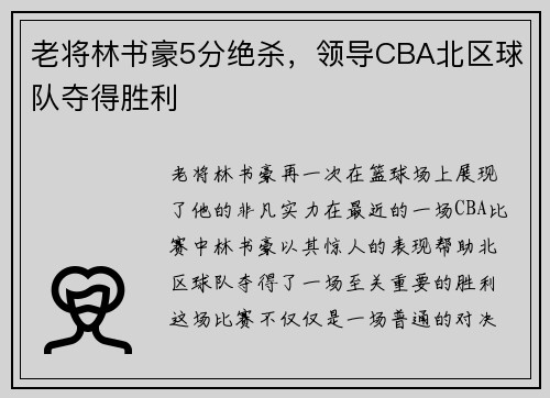 老将林书豪5分绝杀，领导CBA北区球队夺得胜利